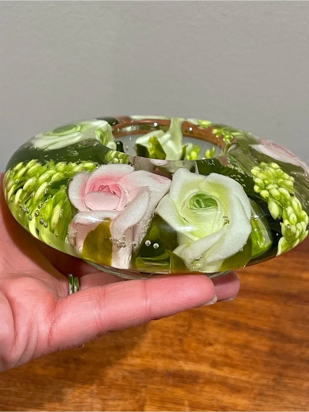 Dreamlight TraumLicht Hand Blown Glass Tealight Candle Pink Green Roses Germany